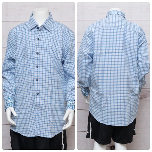 Boys Robert Graham Size LARGE (14-16) Blue Plaid Long Sleeve Cuff Dress Shirt EX - Picture 1 of 4